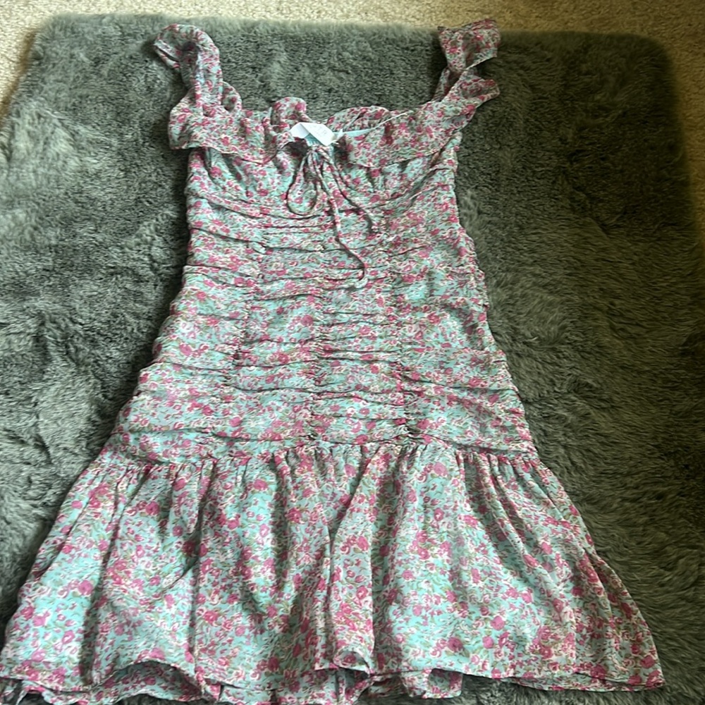 ASTR The Label Teal Pink Floral Ruffle Mini Dress XS - Picture 2 of 4